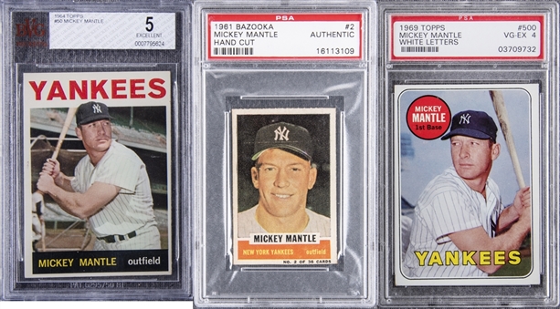 1960s Topps and Bazooka Mickey Mantle Graded Trio (3 Different) Including 1969 Topps "White Letters"